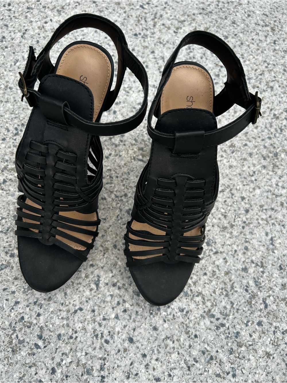 Shoe Dazzle Black Strappy Woven Heel Sandals